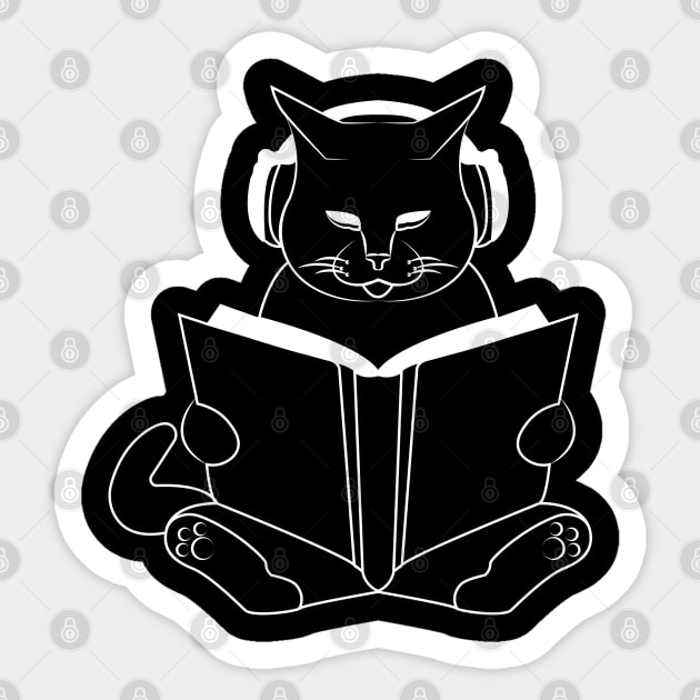 Cat reading book with headphones Sticker by JD Bright Studio